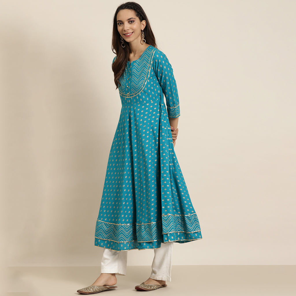 Cotton Floral Printed Anarkali Kurta (Teal)