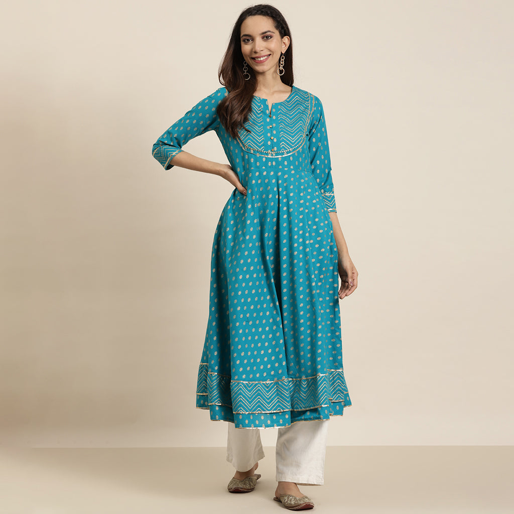 Cotton Floral Printed Anarkali Kurta (Teal)