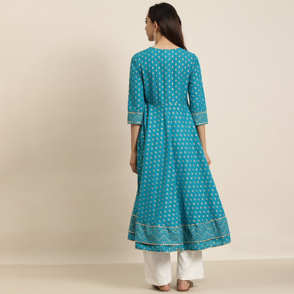 Cotton Floral Printed Anarkali Kurta (Teal)