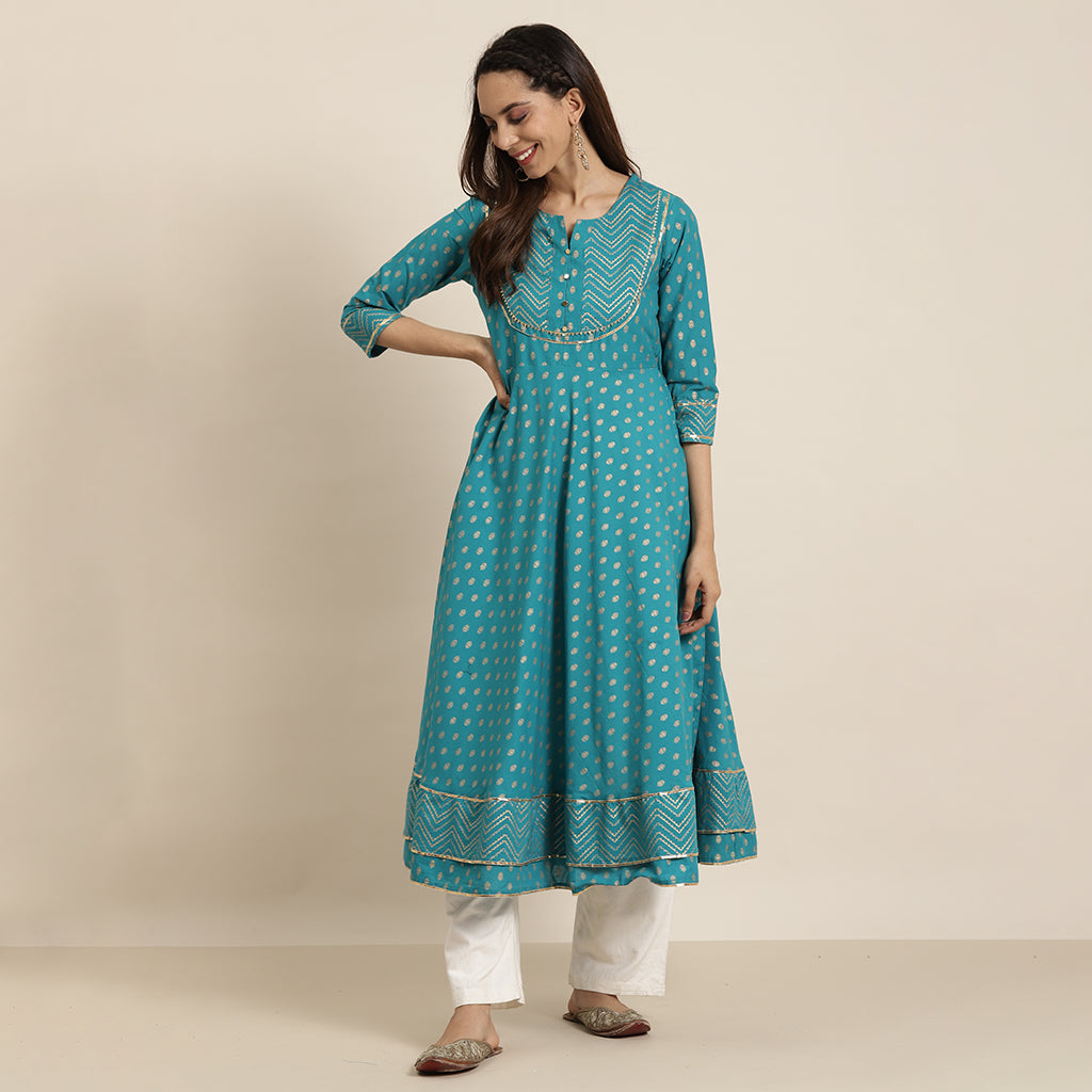 Cotton Floral Printed Anarkali Kurta (Teal)