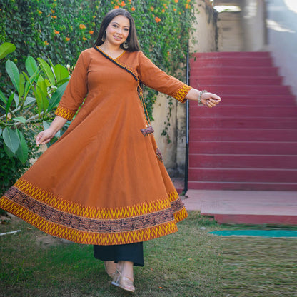 Yash Gallery Women's Cotton Slub Plus Size Angrakha Style Anarkali Kurti (Brown)