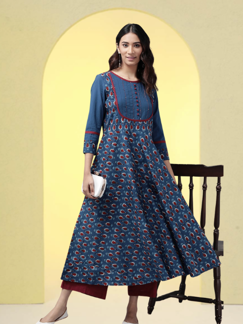 Cotton Floral Printed Pintucks Anarkali Kurta