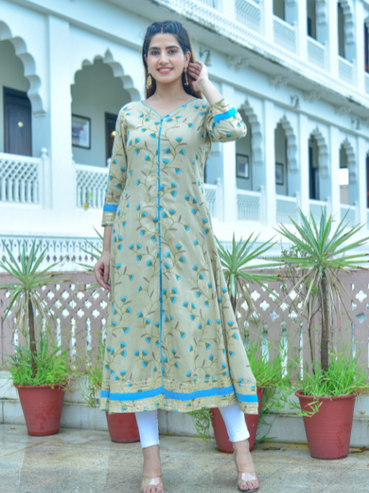womens rayon floral printed anarkali kurta khaki