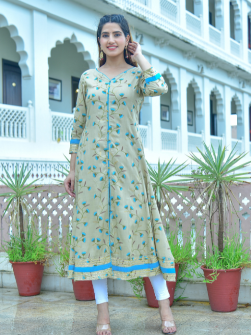 Rayon Floral Printed Anarkali Kurta (Khaki)