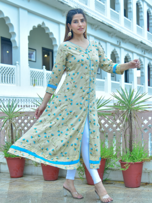 womens rayon floral printed anarkali kurta khaki