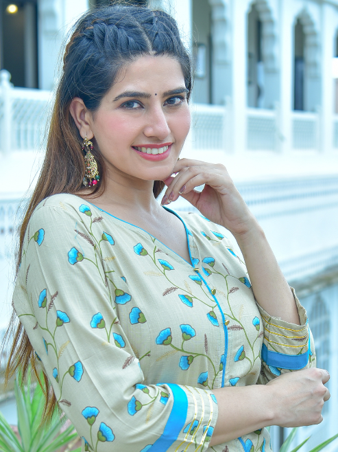 womens rayon floral printed anarkali kurta khaki