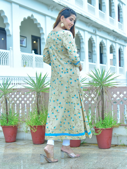 womens rayon floral printed anarkali kurta khaki