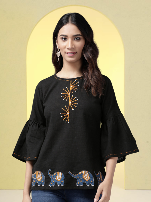 yash gallery womens cotton slub patch work top green