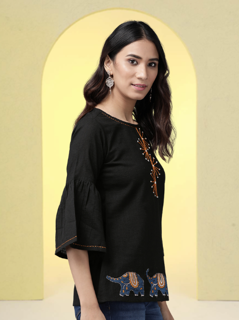 yash gallery womens cotton slub patch work top green