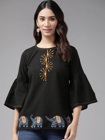 Yash Gallery Women's Cotton Slub Patch Work Top Plus Size