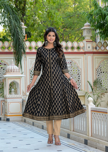 Yash Gallery Women's Cotton Gold Print Anarkali Kurta with Dupatta (Black)