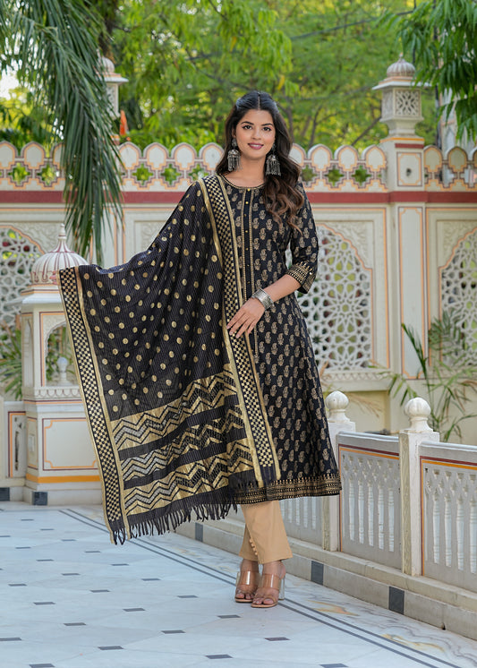 Yash Gallery Women's Cotton Gold Print Anarkali Kurta with Dupatta (Black)