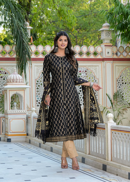 Yash Gallery Women's Cotton Gold Print Anarkali Kurta with Dupatta (Black)