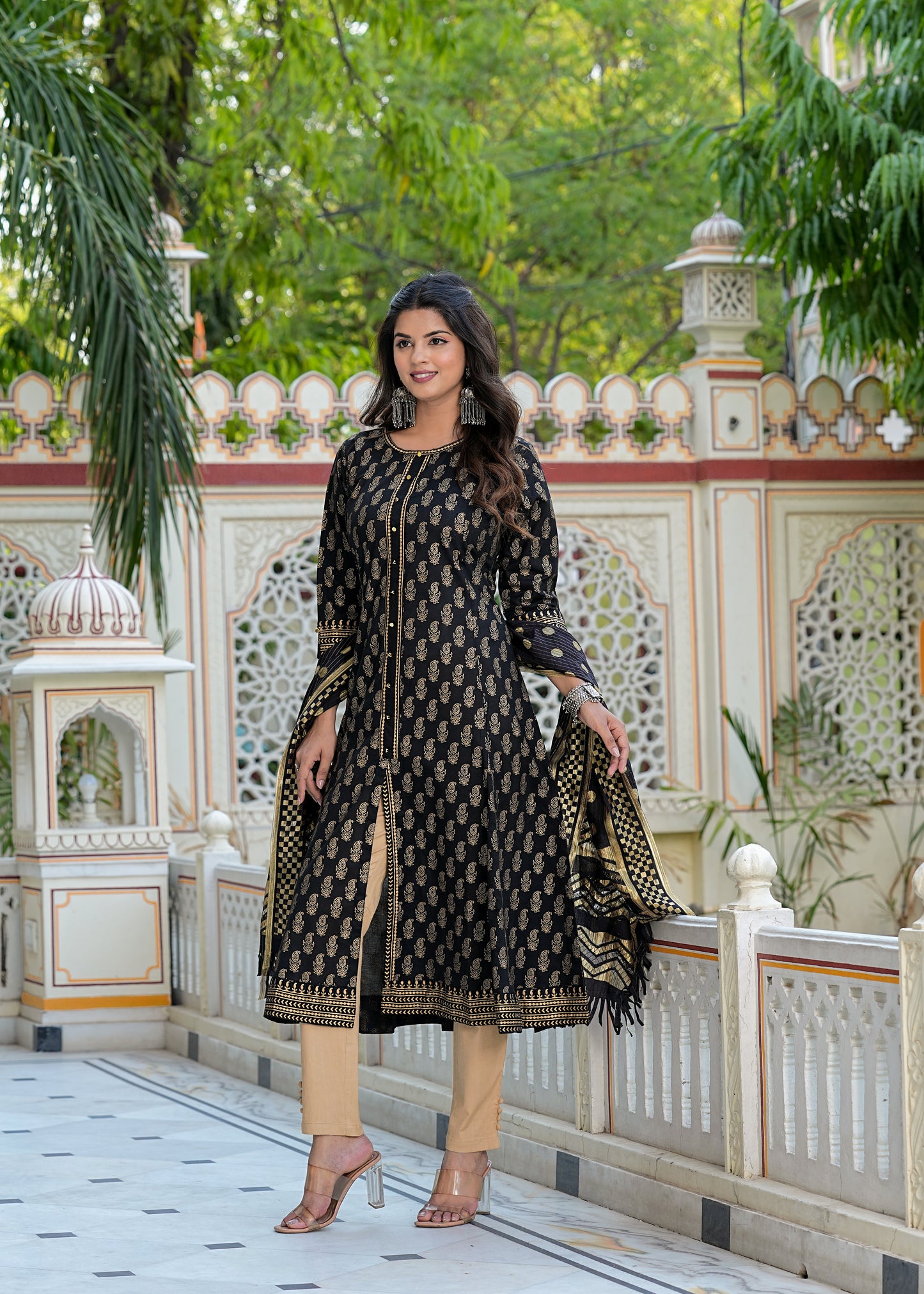 Yash Gallery Women's Cotton Gold Print Anarkali Kurta with Dupatta (Black)