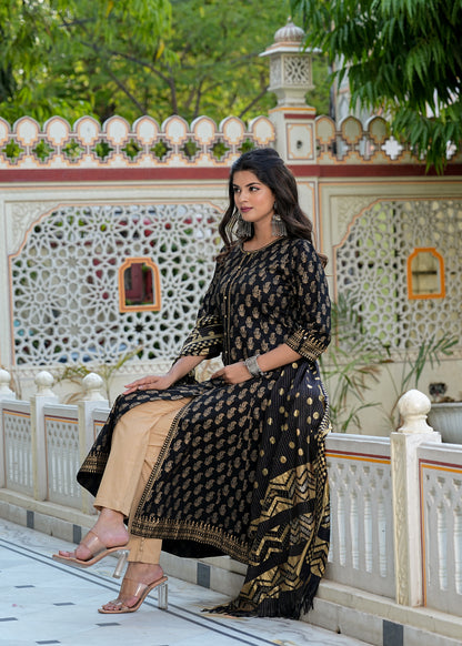 Yash Gallery Women's Cotton Gold Print Anarkali Kurta with Dupatta (Black)