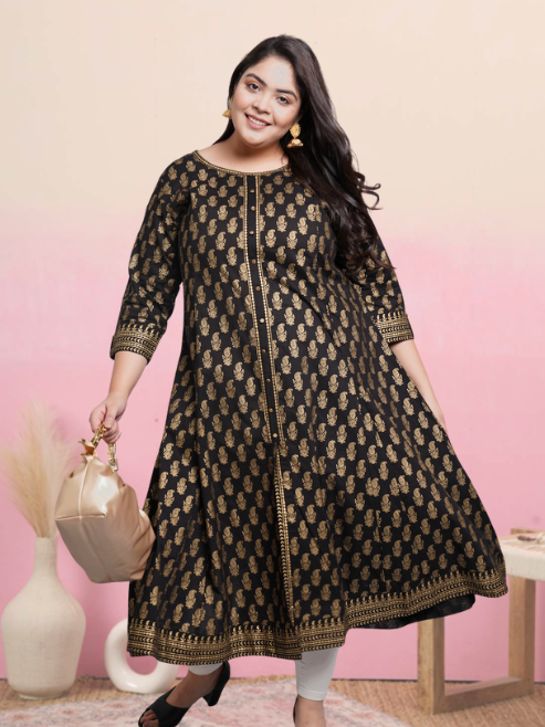 yash gallery womens cotton gold print anarkali kurta black