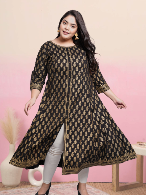 yash gallery womens cotton gold print anarkali kurta black