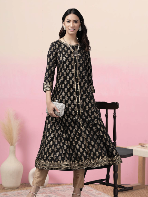 yash gallery womens cotton gold print anarkali kurta black