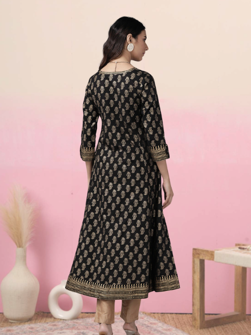 yash gallery womens cotton gold print anarkali kurta black