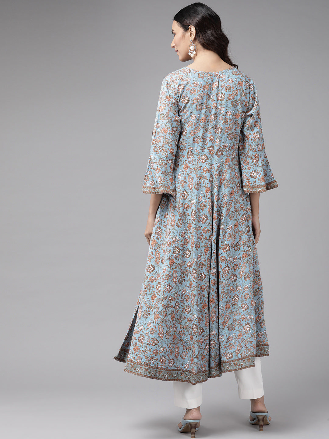 womens rayon floral print angrakha kurta blue