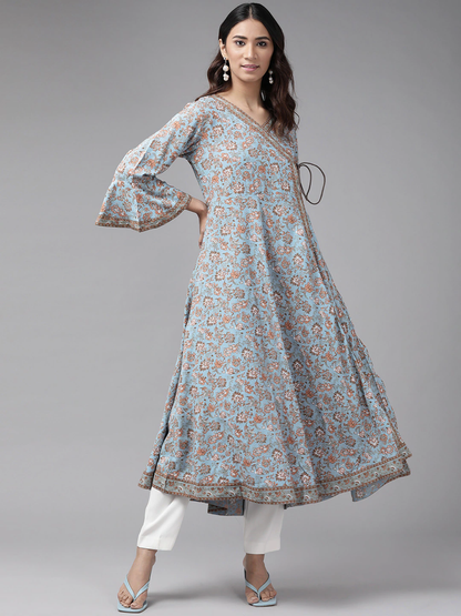 womens rayon floral print angrakha kurta blue