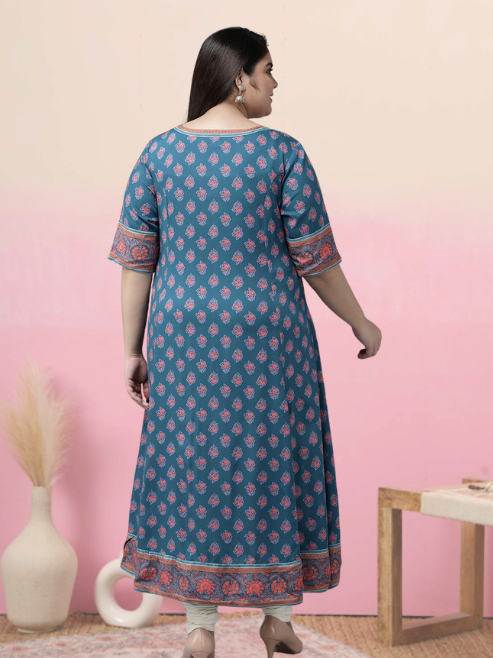 Yash Gallery Women's Rayon Printed Anarkali Kurta (Blue)