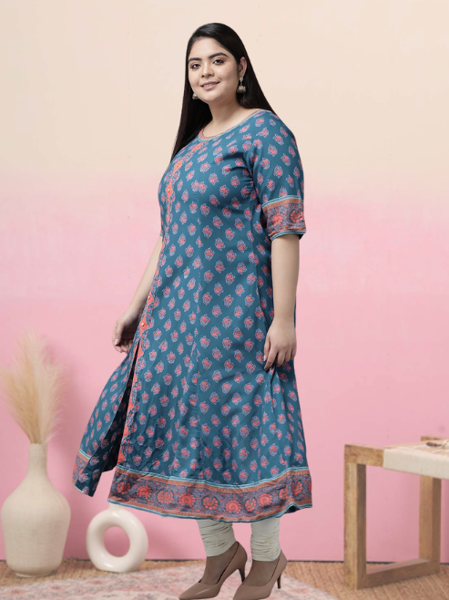 Yash Gallery Women's Rayon Printed Anarkali Kurta (Blue)