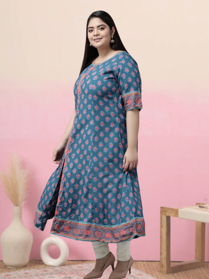 Yash Gallery Women's Rayon Printed Anarkali Kurta (Blue)