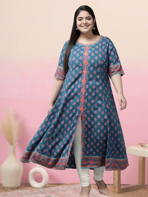 Yash Gallery Women's Rayon Printed Anarkali Kurta (Blue)