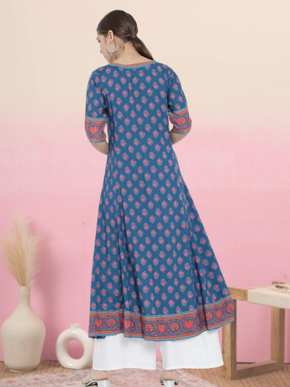 Yash Gallery Women's Rayon Printed Anarkali Kurta (Blue)