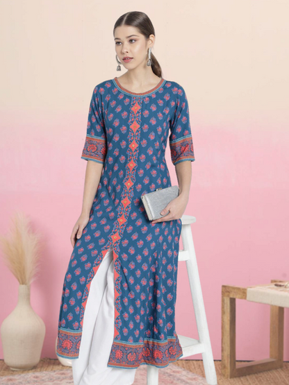 Yash Gallery Women's Rayon Printed Anarkali Kurta (Blue)