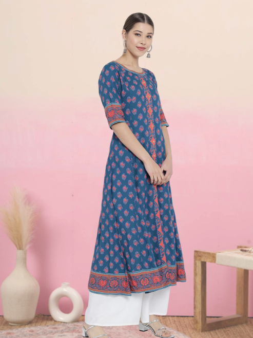 Yash Gallery Women's Rayon Printed Anarkali Kurta (Blue)