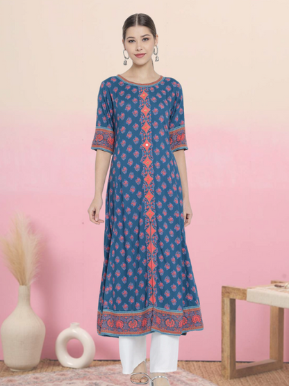 Yash Gallery Women's Rayon Printed Anarkali Kurta (Blue)