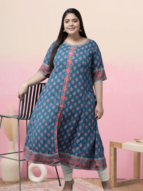 Yash Gallery Women's Rayon Printed Anarkali Kurta (Blue)