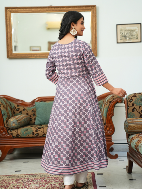 womens cotton floral printed anarkali kurta pink