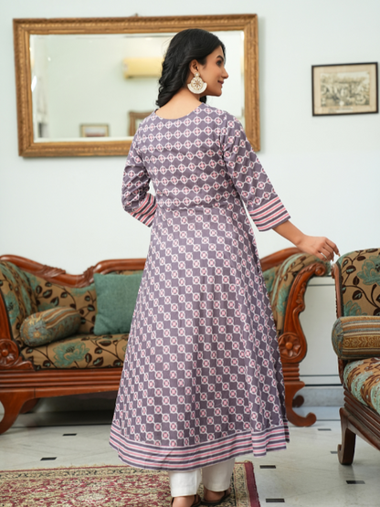 womens cotton floral printed anarkali kurta pink