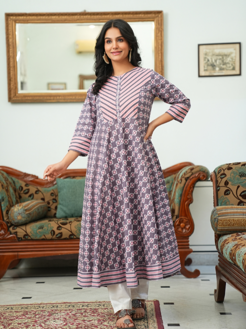 womens cotton floral printed anarkali kurta pink