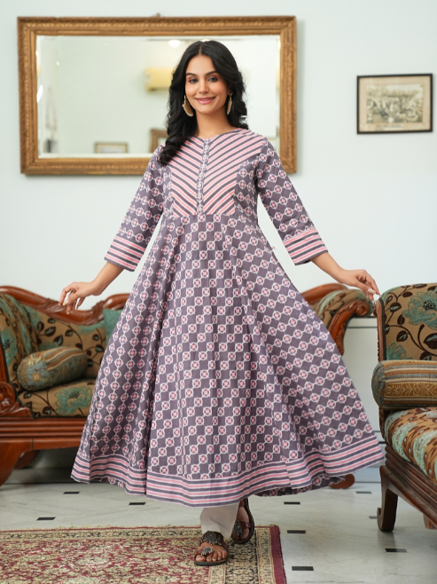 womens cotton floral printed anarkali kurta pink