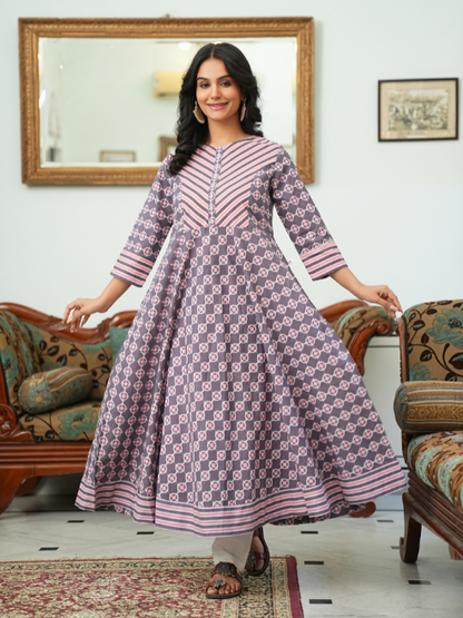 womens cotton floral printed anarkali kurta pink