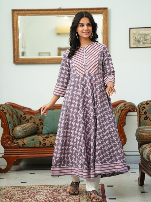 womens cotton floral printed anarkali kurta pink