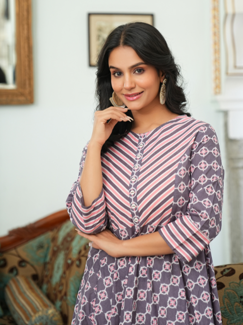 womens cotton floral printed anarkali kurta pink