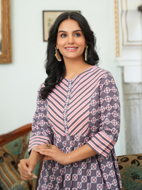 womens cotton floral printed anarkali kurta pink
