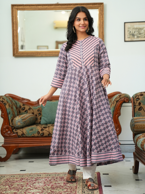 Cotton Floral Printed Anarkali Kurta (Pink)