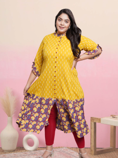 womens cotton ikat floral printed anarkali kurta mustard