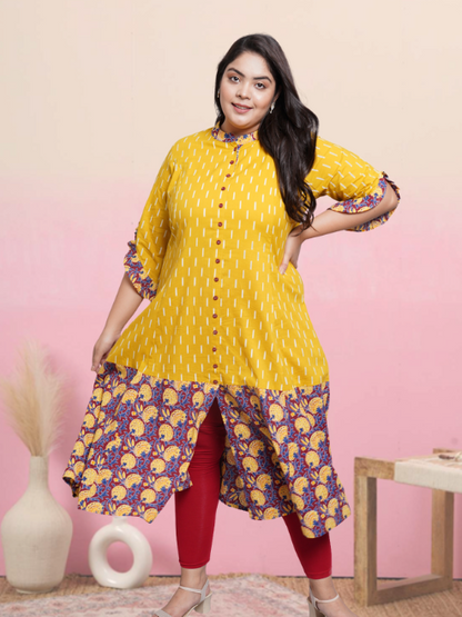 womens cotton ikat floral printed anarkali kurta mustard