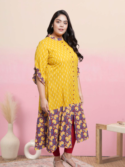 womens cotton ikat floral printed anarkali kurta mustard