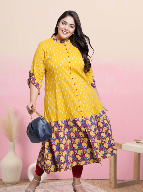 womens cotton ikat floral printed anarkali kurta mustard