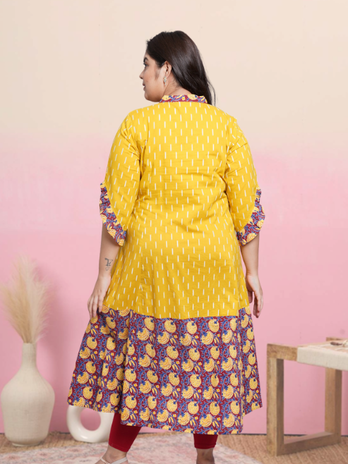 womens cotton ikat floral printed anarkali kurta mustard