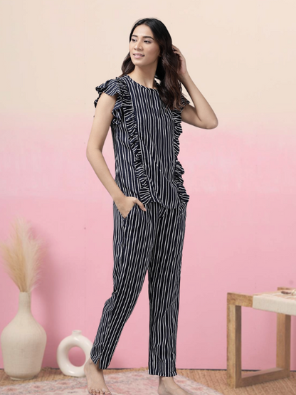 womens stripe printed night suitblue