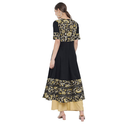 Cotton Floral Printed Anarkali Kurti (Black)